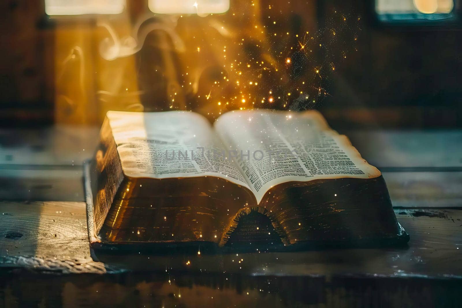 A shiny open book resting on top of a wooden table.