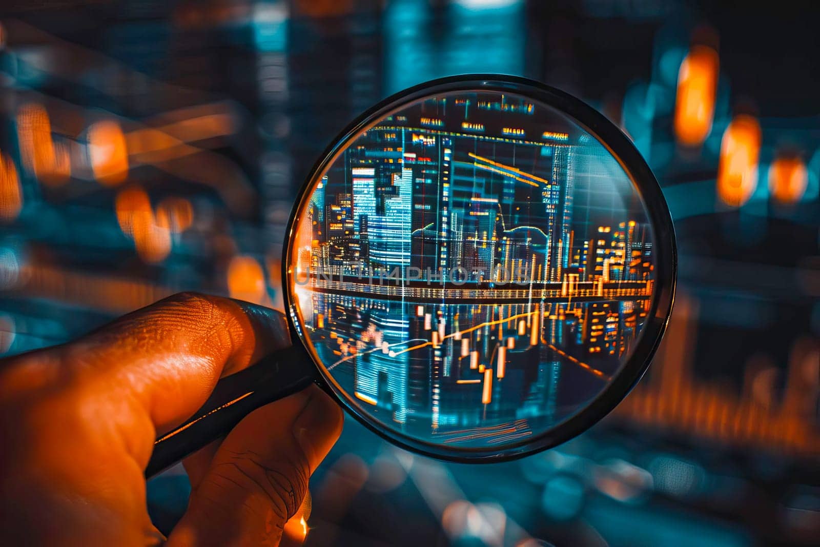 Detailed examination of a city through a magnifying glass held by a hand.