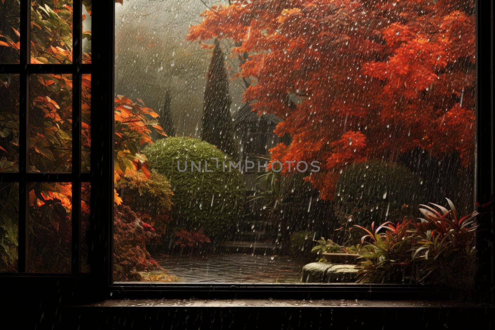 Reflective Rainy window autumn. Rain season of drop fall glass. Generate Ai