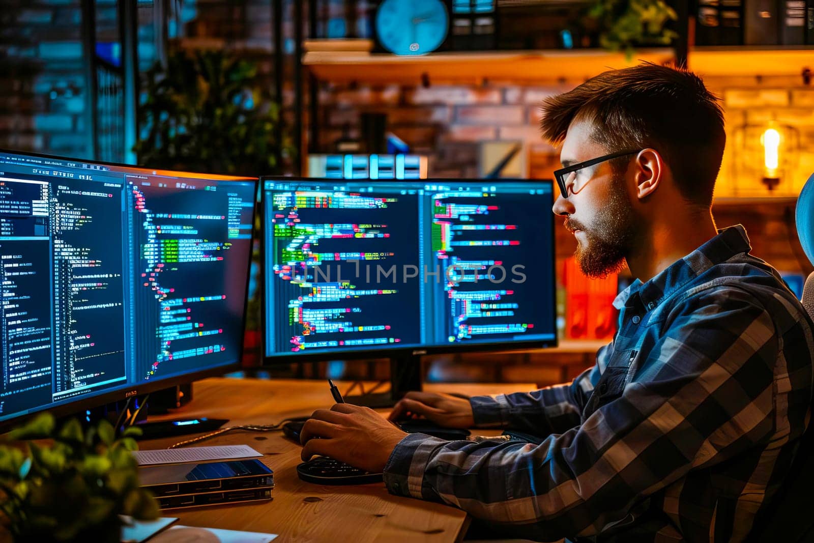 IT specialist concentrating on tasks displayed on three computer screens.