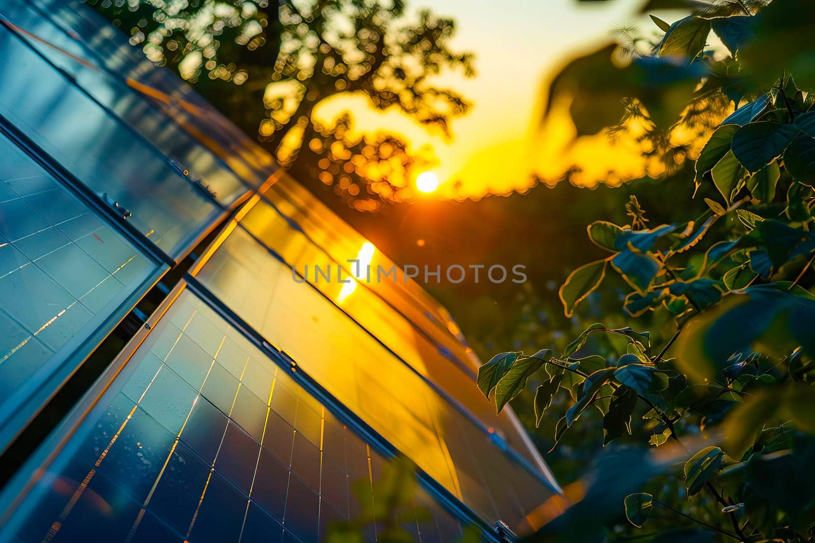 A detailed view of a solar panel with the sun setting in the background against a backdrop of green trees.