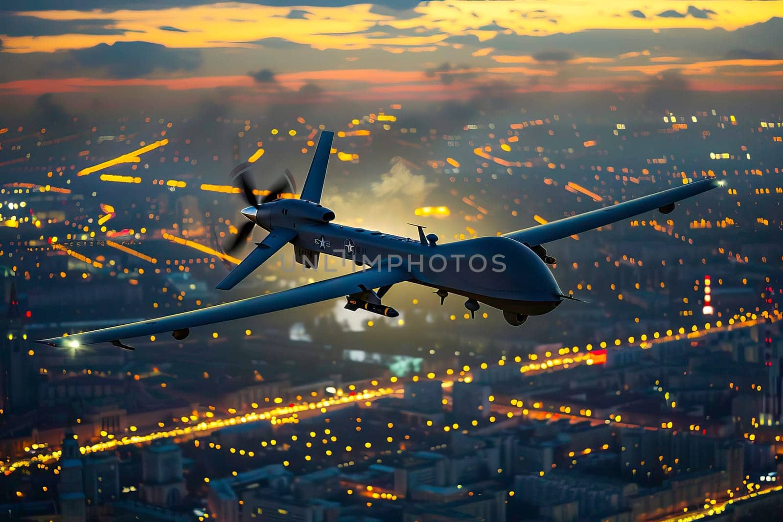 Military airplane is seen soaring over a city landscape during the dark hours of the night