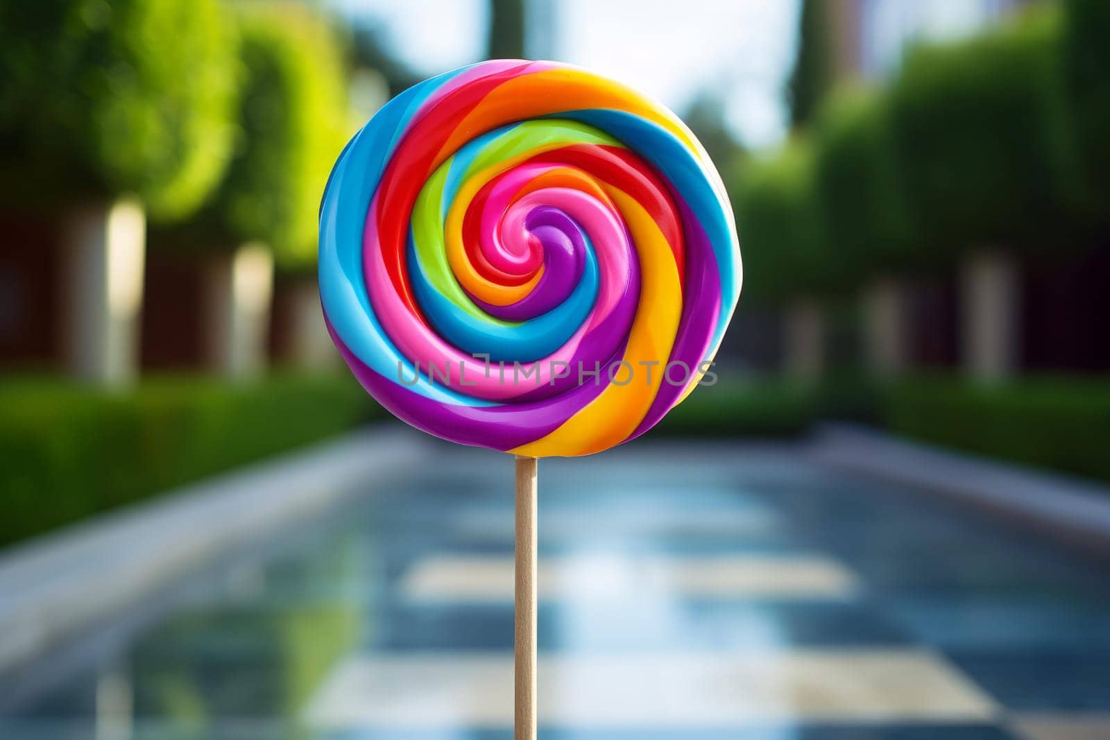Multifaceted Rainbow lollipop sugar. Color fantasy. Generate Ai