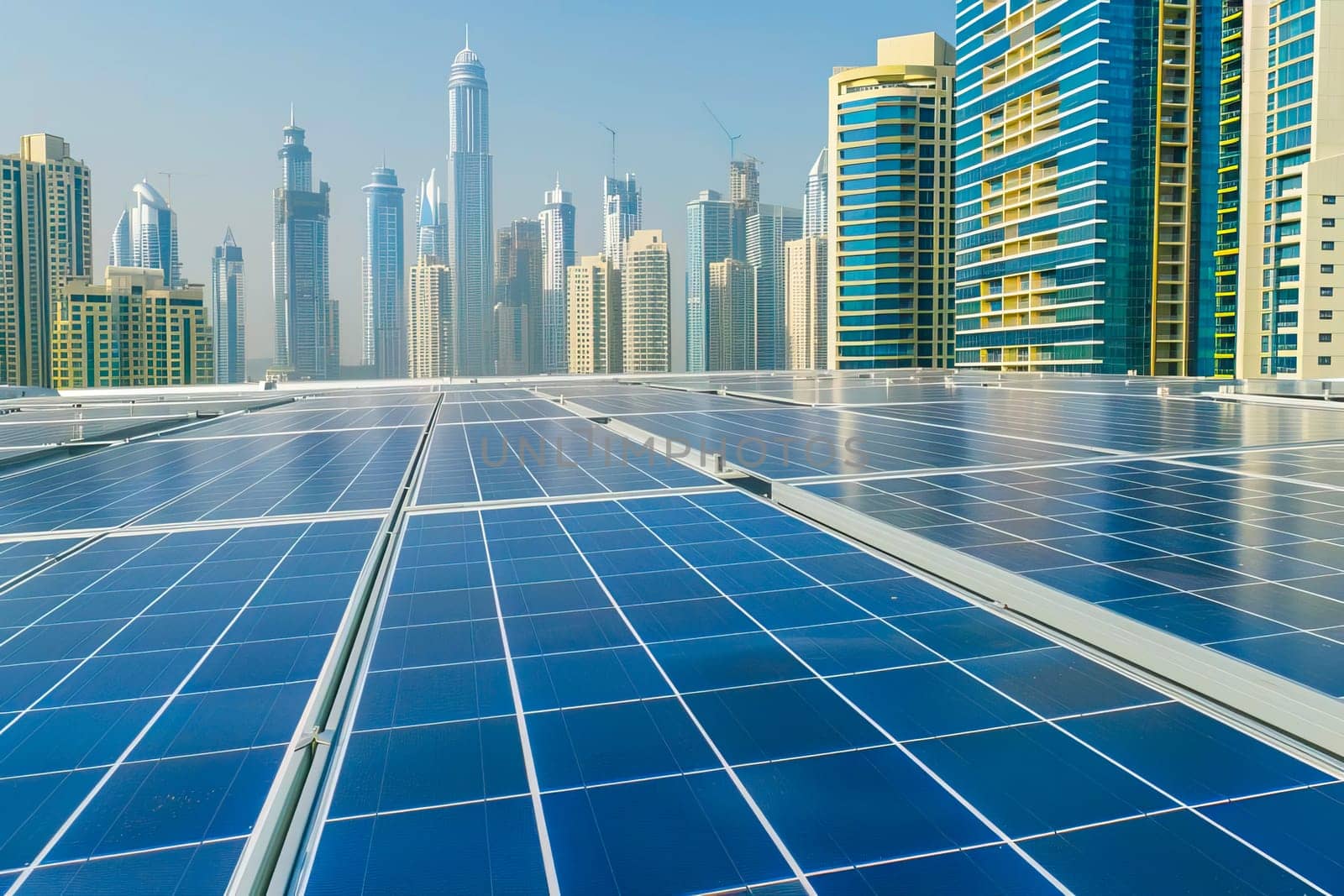 Solar panels on a buildings roof with urban skyscrapers visible in the background.