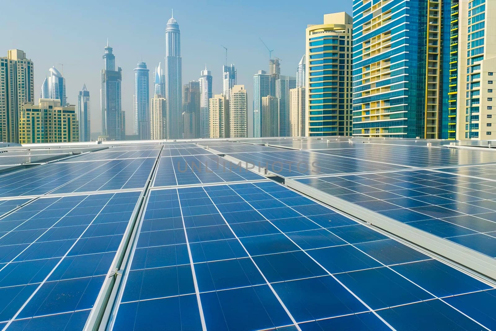 Solar panels on a buildings roof with urban skyscrapers visible in the background. by vladimka