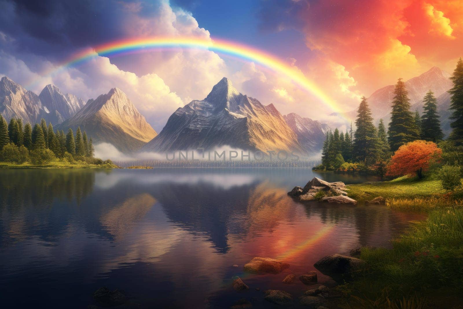 Majestic Rainbow nature near tree. Generate Ai by ylivdesign