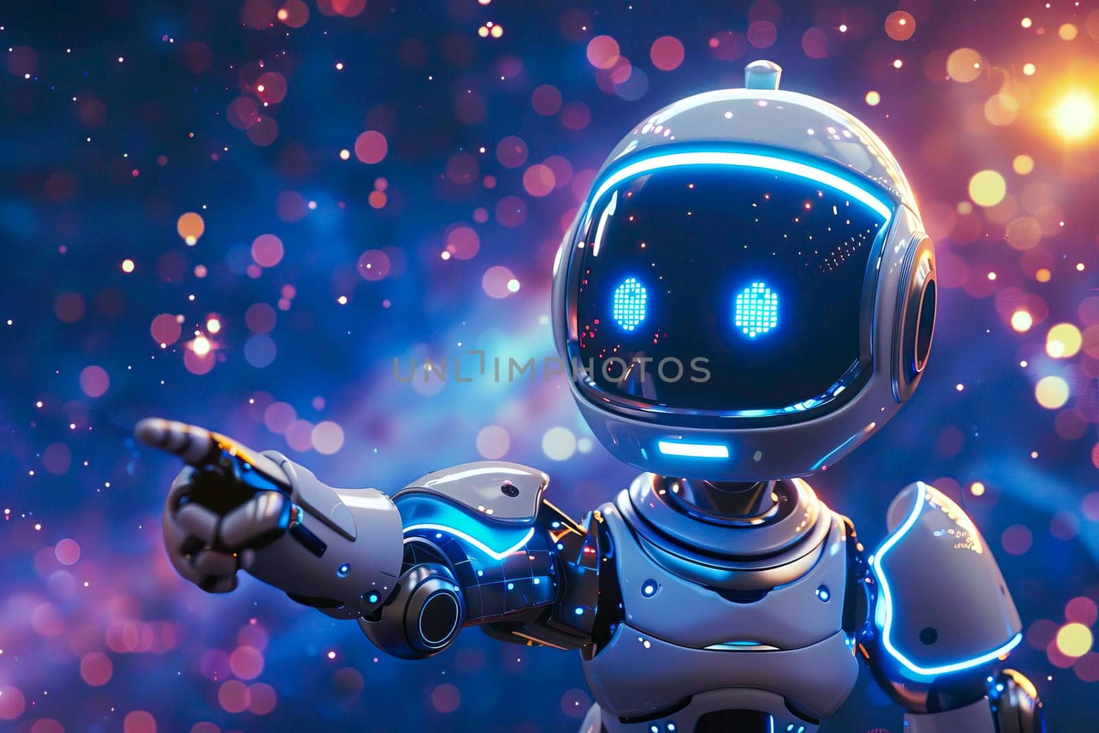 A futuristic robot is pointing at something., showcasing advanced technology and artificial intelligence.