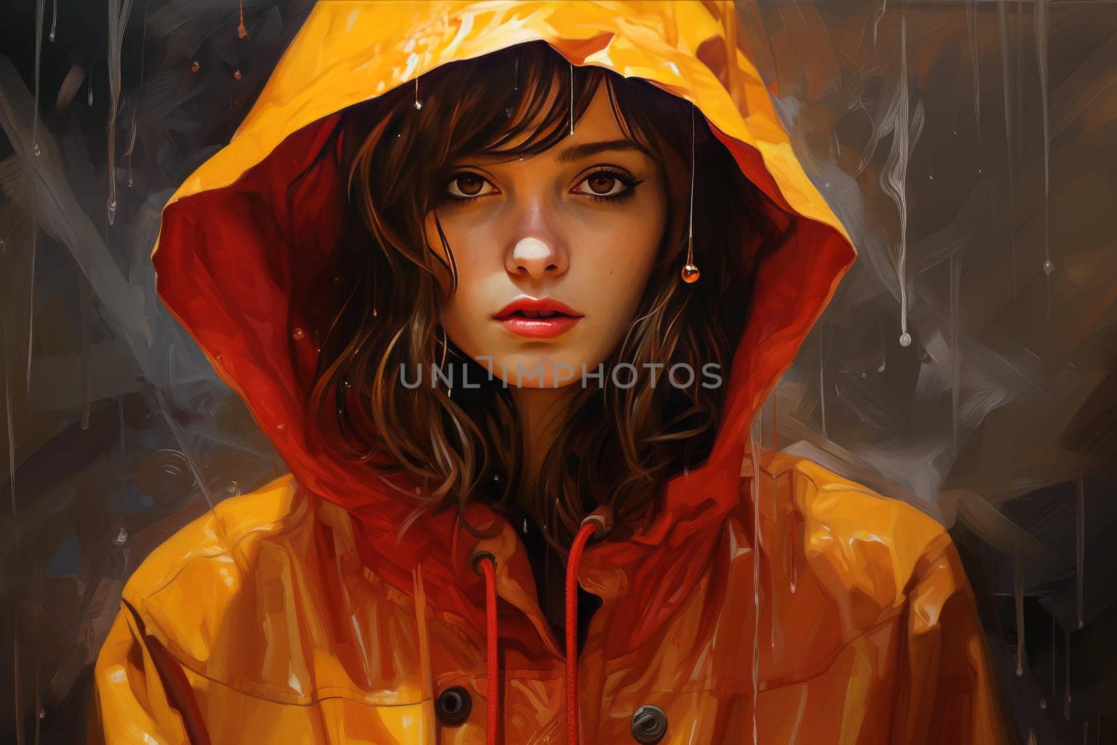 Vibrant Raincoat woman smiling outdoor. Fashion cheerful nature smiling adult. Generate Ai