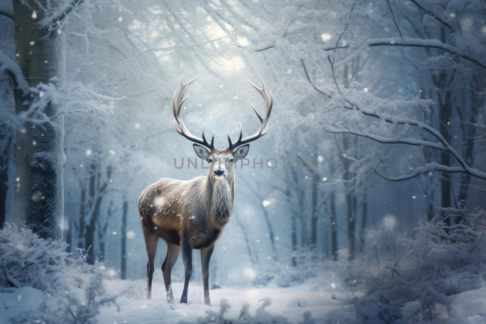Serene Reindeer snowy forest. Forest snow cold season outdoor. Generate Ai