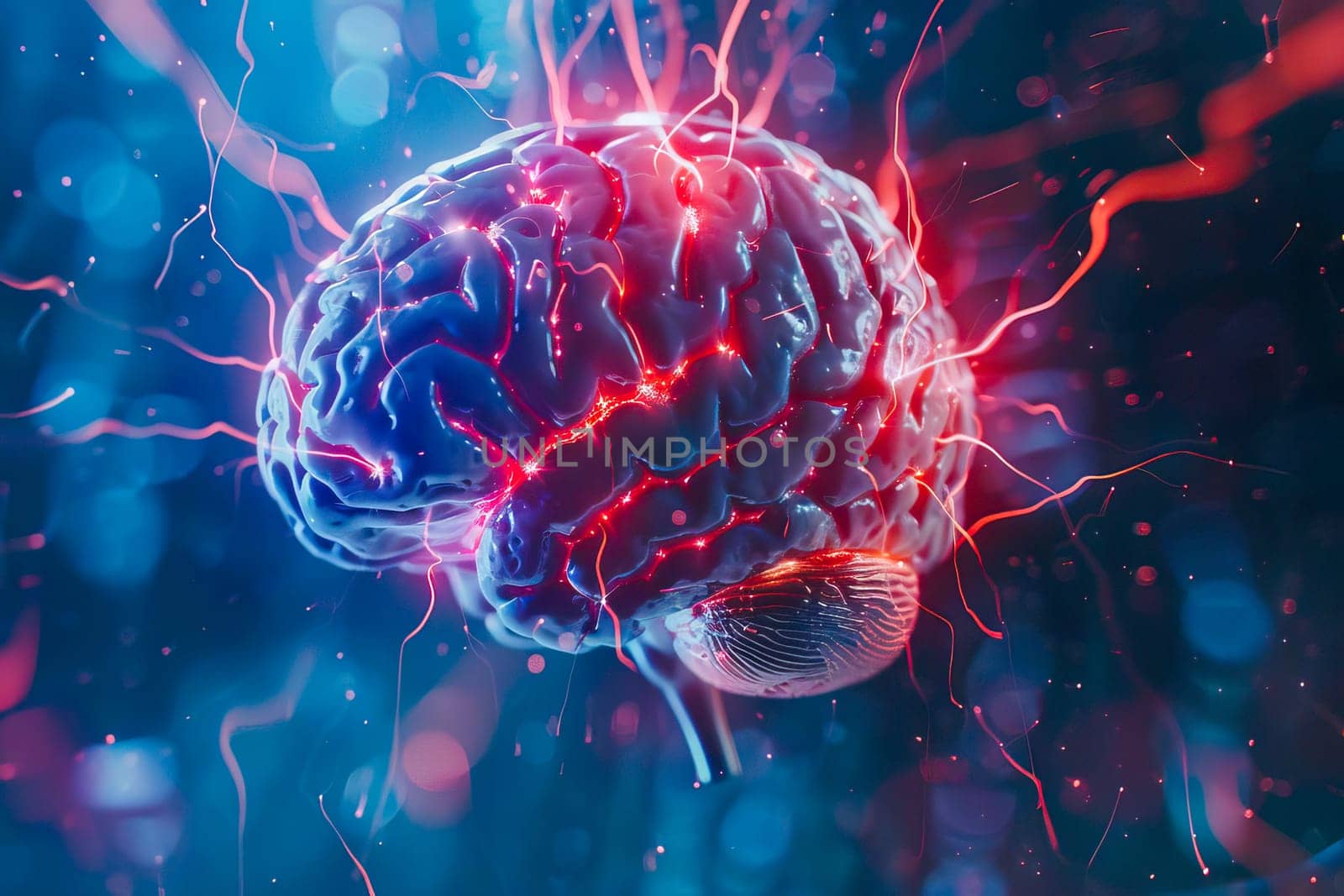 Close-up of human brain with red and blue lights symbolizing neurons firing.