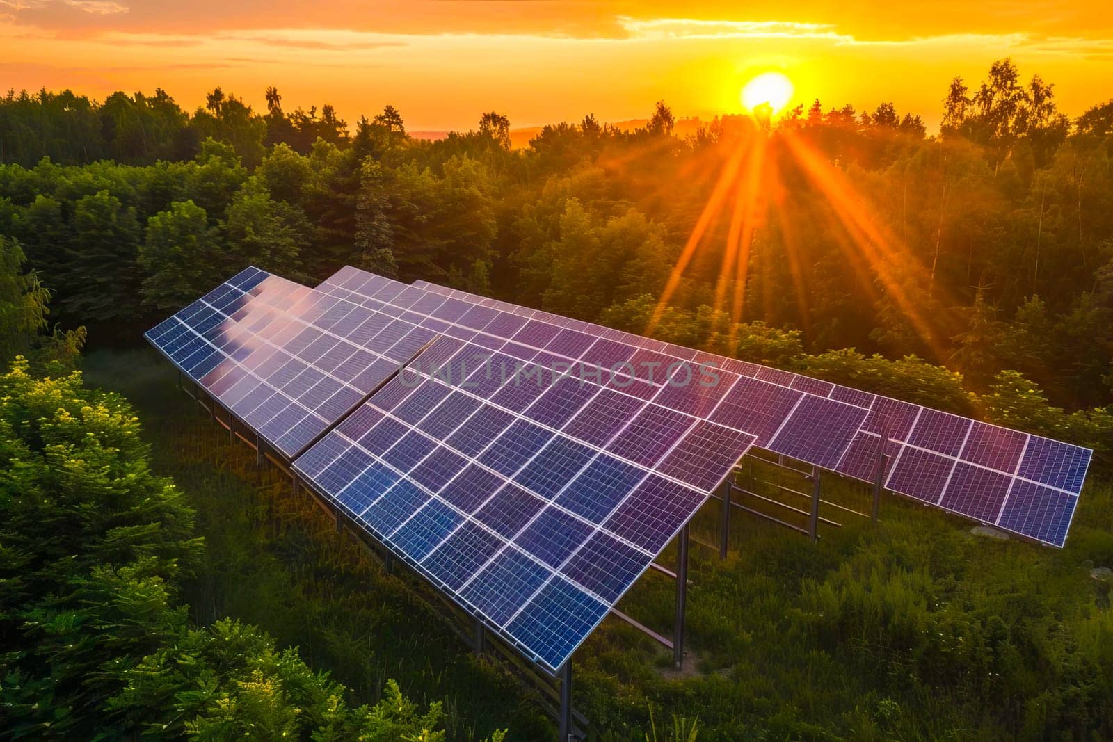 A solar panel stands surrounded by green trees in the forest, utilizing sunlight for renewable energy.