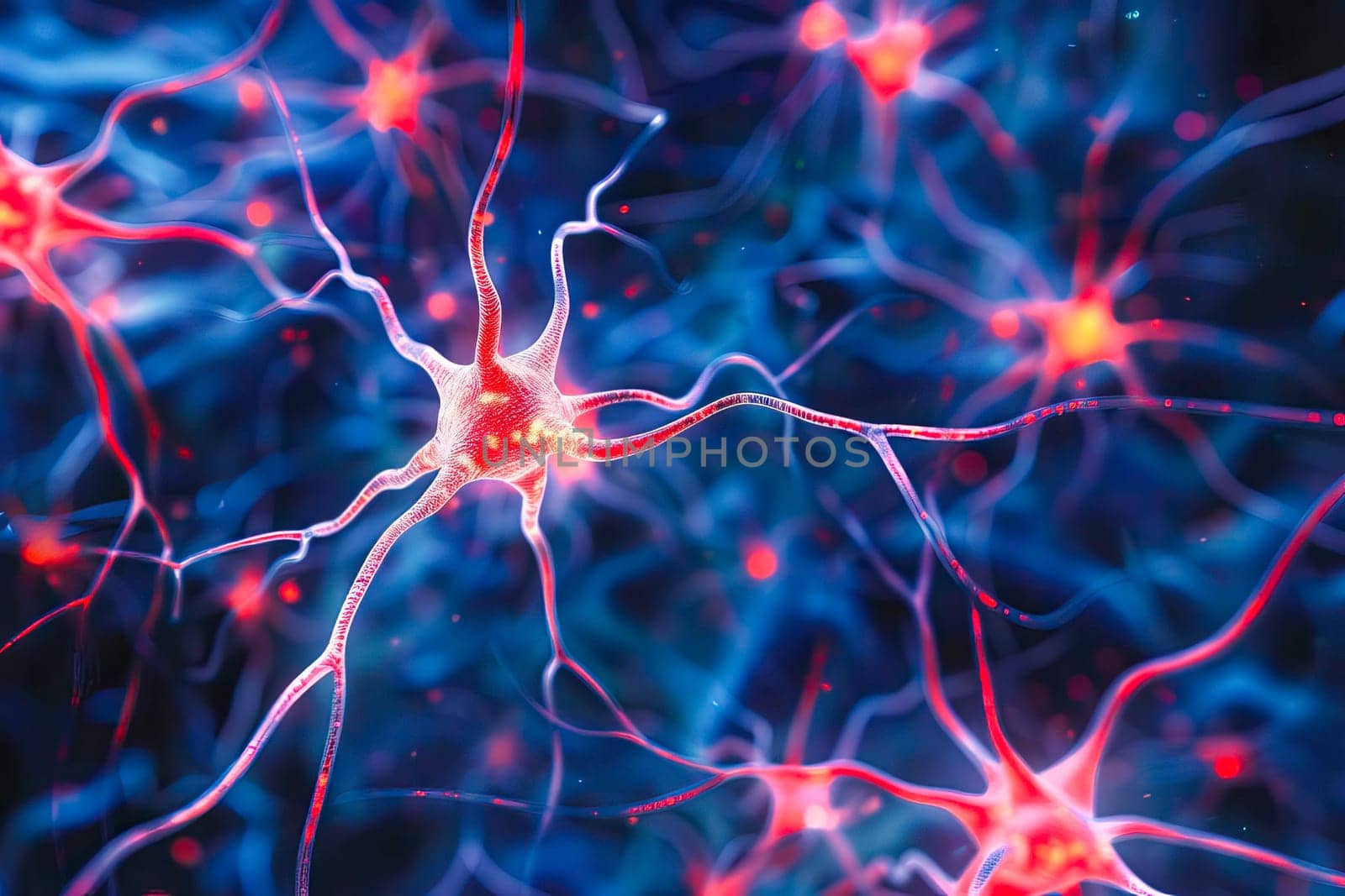 A detailed close-up view of a red and blue human brain with neurons firing.
