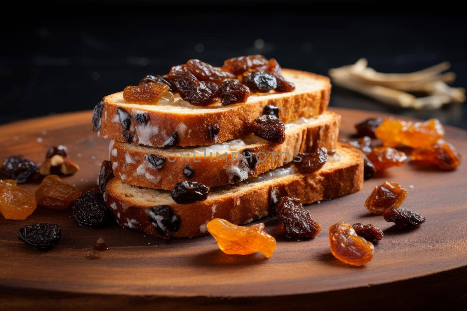 Chewy Raisin slices bread toast. Meal flour snack. Generate AI