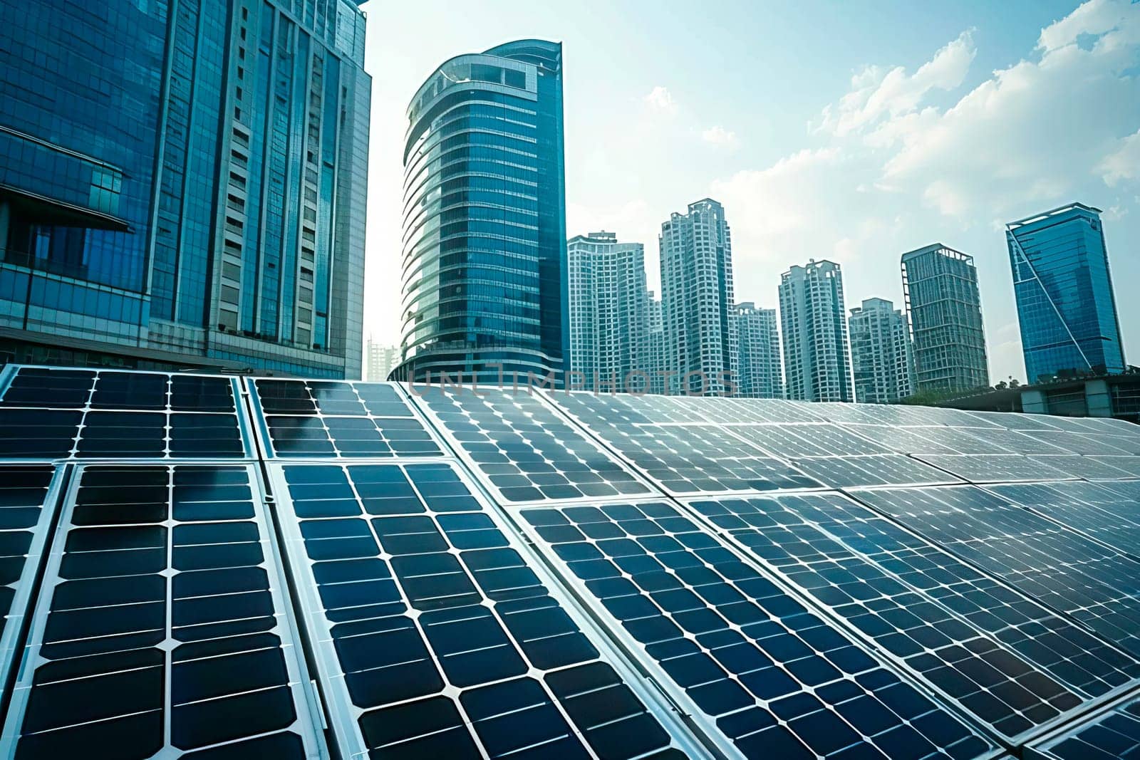 Solar panels on a buildings roof with skyscrapers in the background, utilizing clean energy in an urban setting. by vladimka