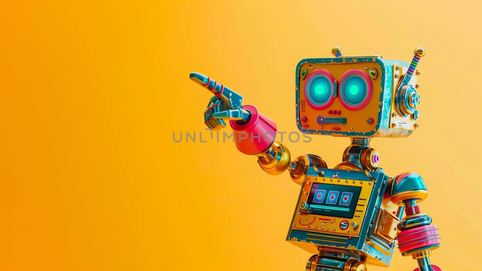 Colorful toy robot pointing at something on a vibrant yellow background. by vladimka