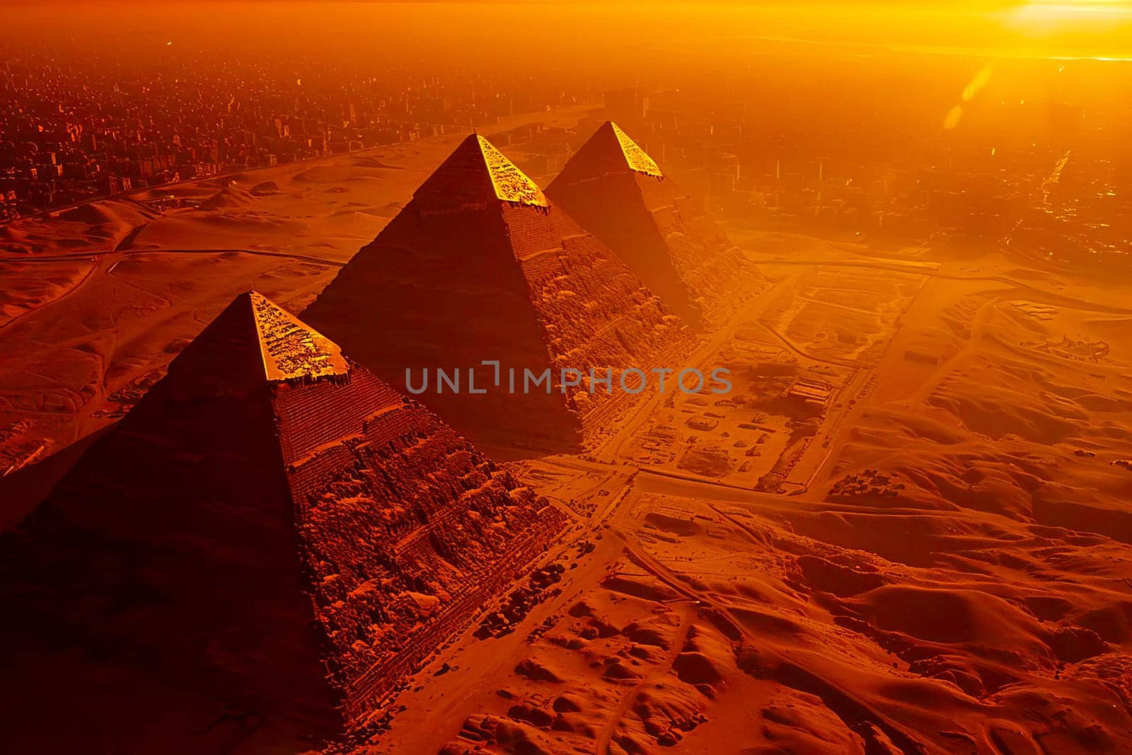 Aerial view of three Egyptian pyramids in the desert glowing in the warm hues of the setting sun.