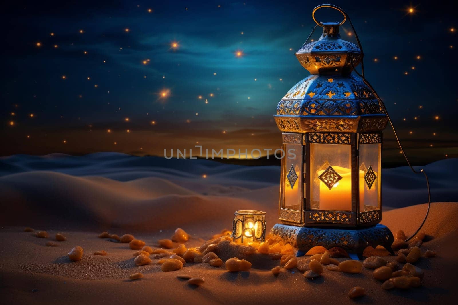 Mystical Ramadan lantern in dark desert. Muslim traditional religious candle fasting holy month. Generate ai