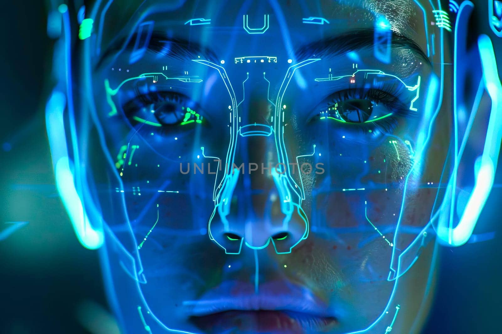 A womans face illuminated by glowing blue lines.