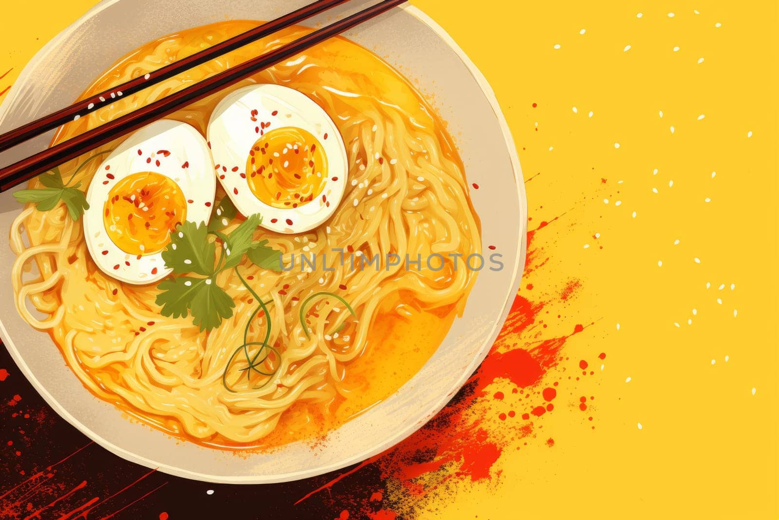 Appetizing Ramen yellow background. Asian meal. Generate Ai