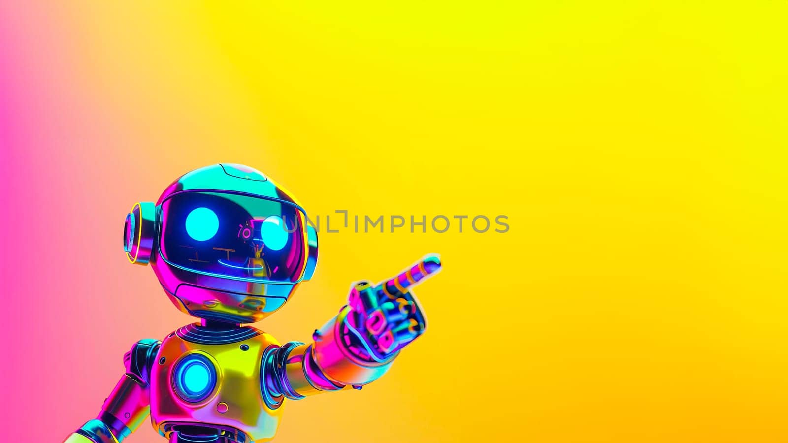 A cute, positive robot pointing at something with a bright yellow background.