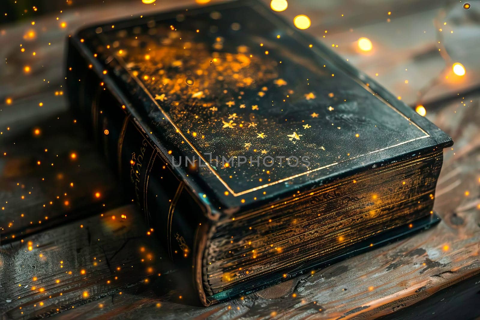 A book decorated with gold stars is placed on a table.