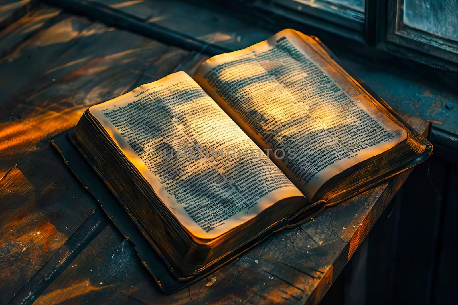 An open Holy Bible rests on a wooden table in a well-lit room.