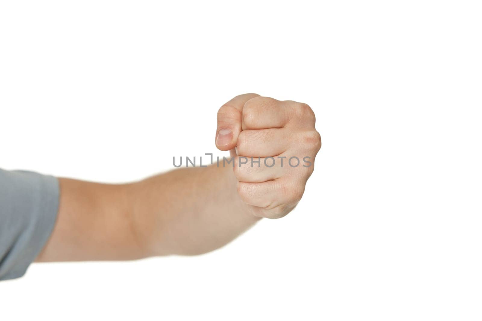 male hand holding fists up isolated on white background