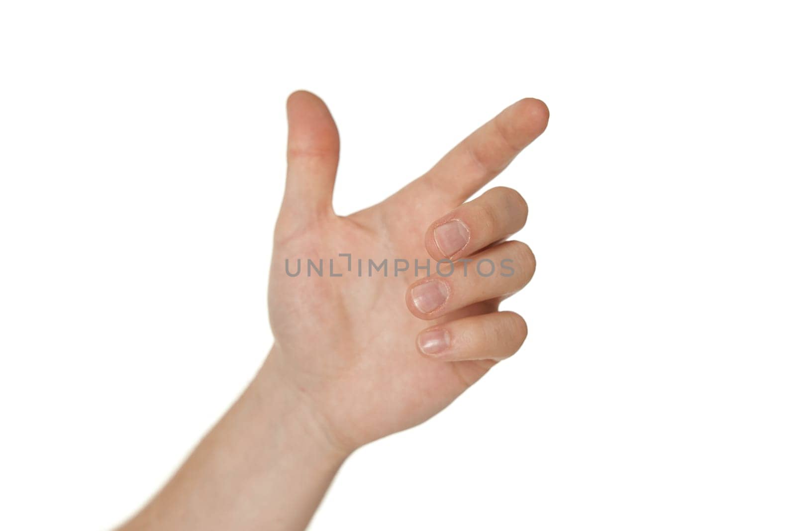 Empty male hand holding something isolated on white background