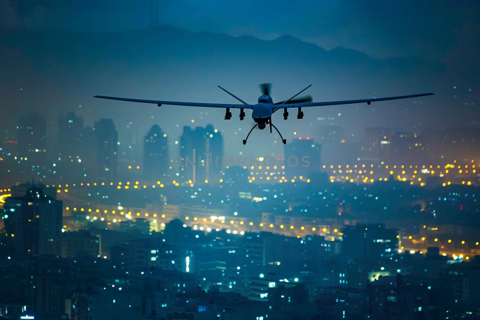 Military unmanned airplane soaring over city lights during the night. by vladimka