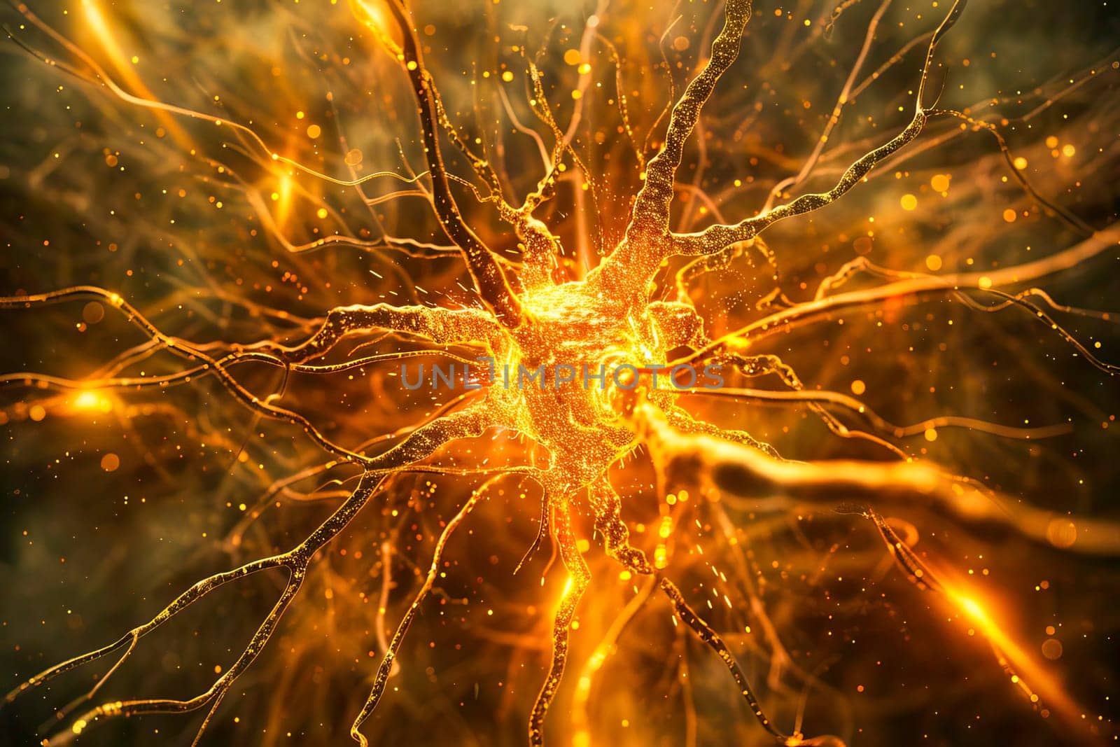 Neurons in the brain firing, highlighted by a burst of light.