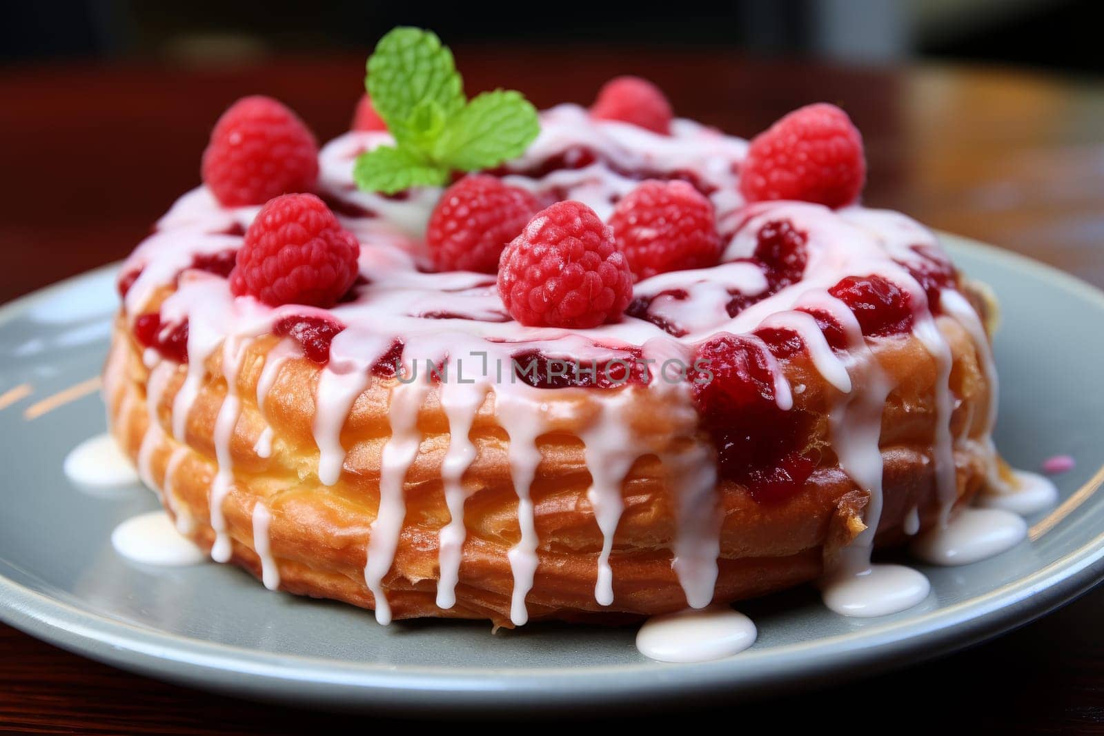 Fruity Raspberry danish bun. French pastry. Generate Ai