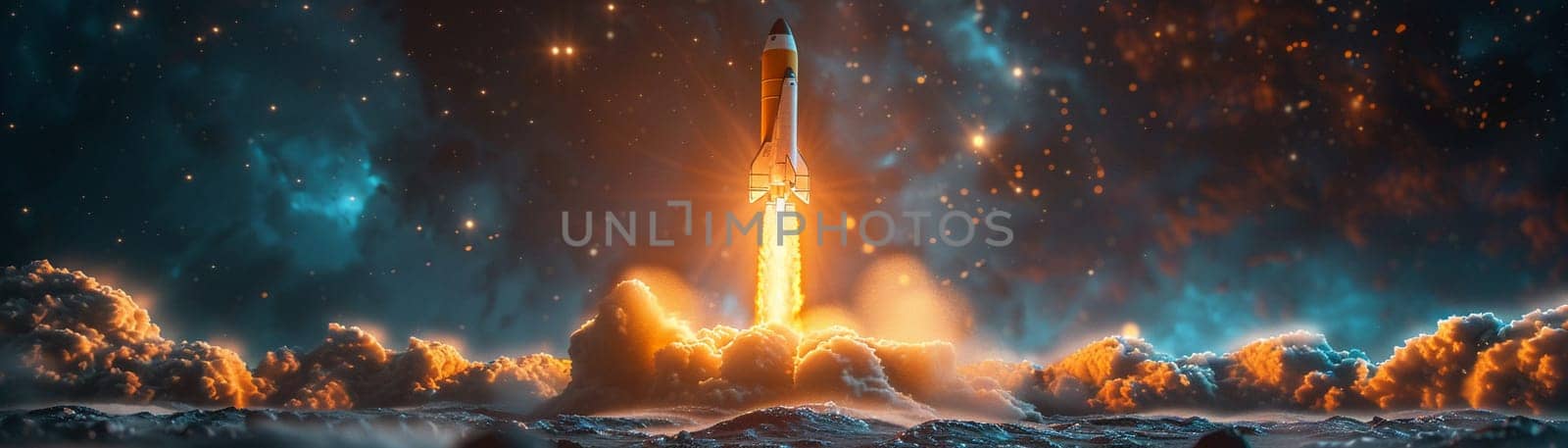 Spaceship lift off. Space shuttle with smoke and blast takes off into space on a background of sunset. Successful start of a space mission.