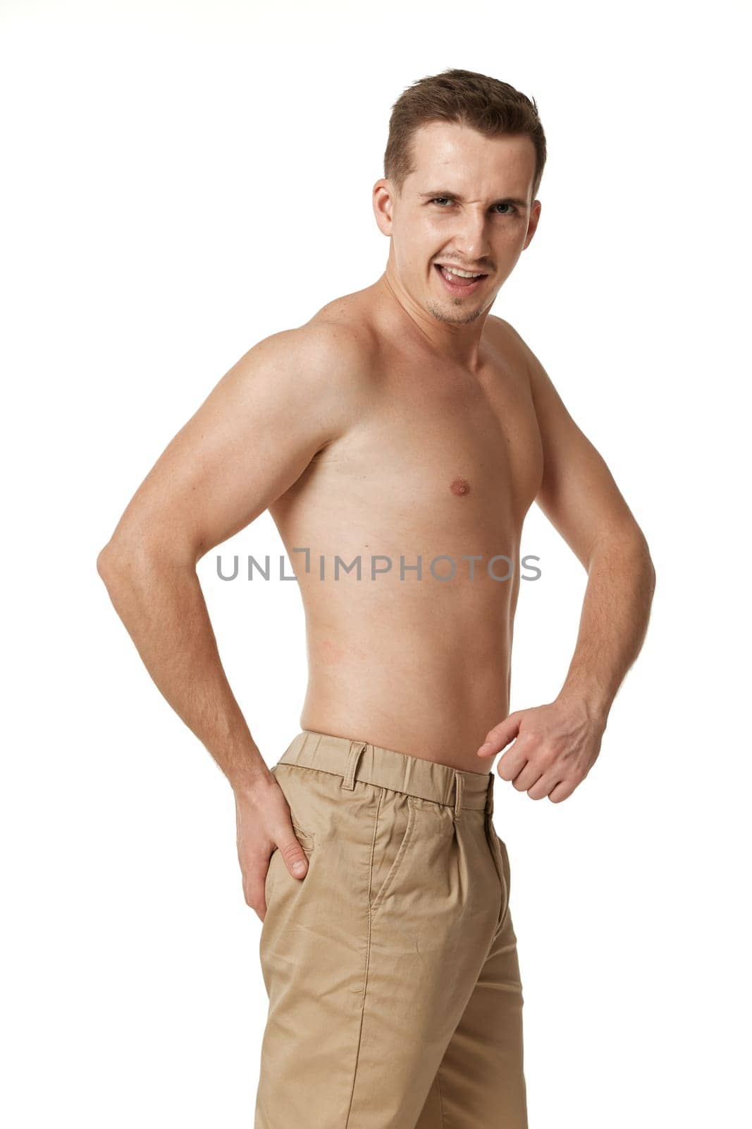 guy with muscular male chest on white background, by erstudio
