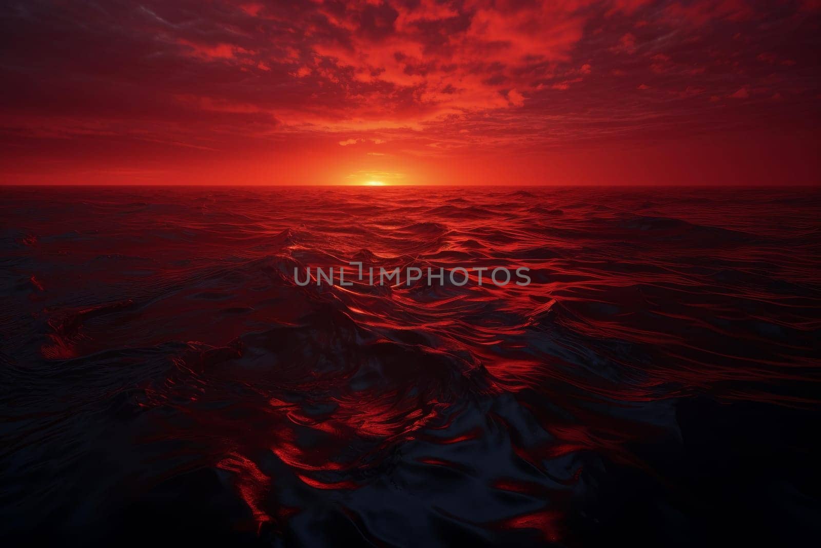 Fiery Red dawn sea. Dusk coast horizon. Generate Ai