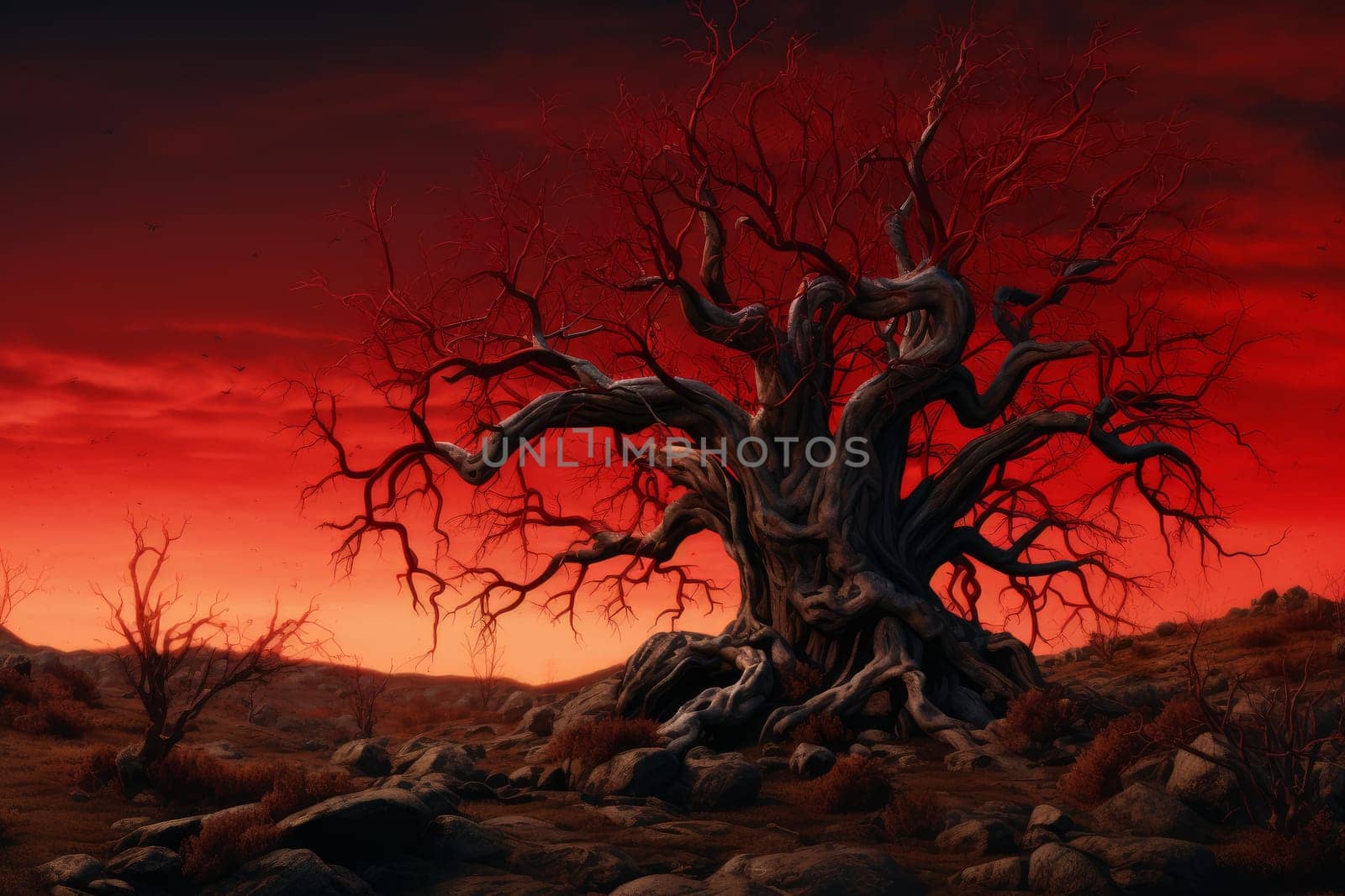 Haunting Red dead tree. Generate Ai by ylivdesign