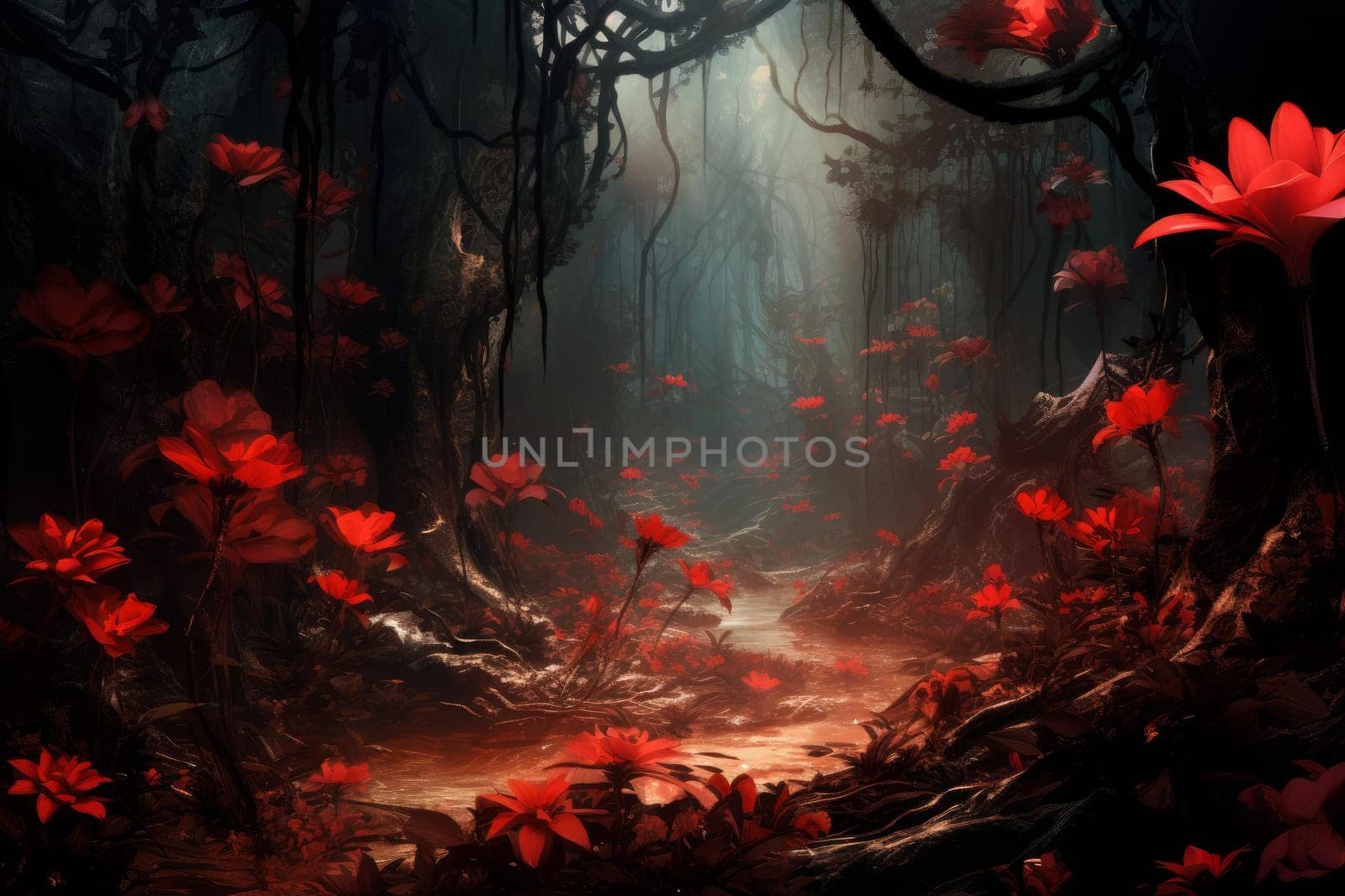 Dense Red flowers dark jungle. Color beauty. Generate Ai