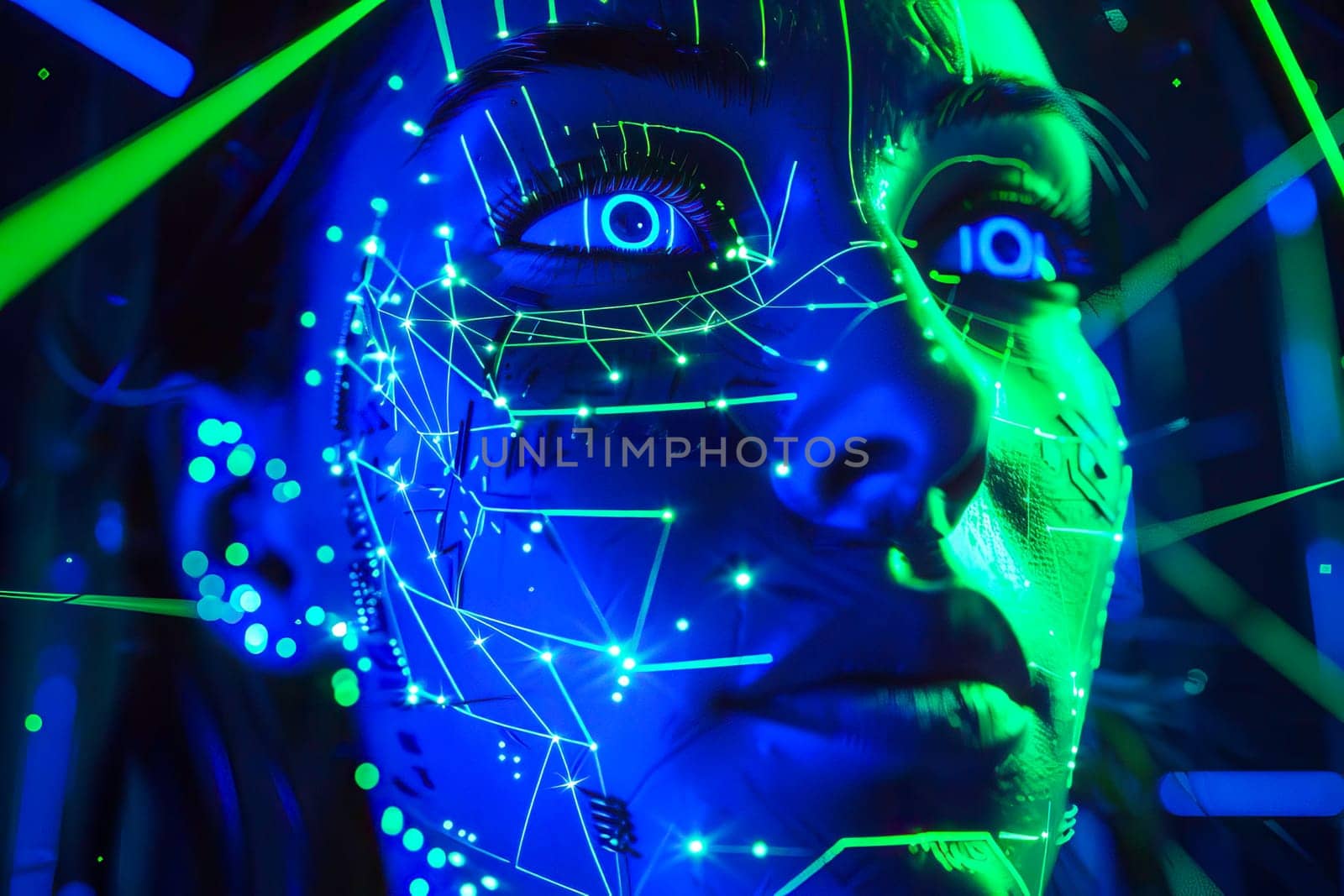 A womans face is highlighted by vibrant neon lights, creating a striking visual contrast.