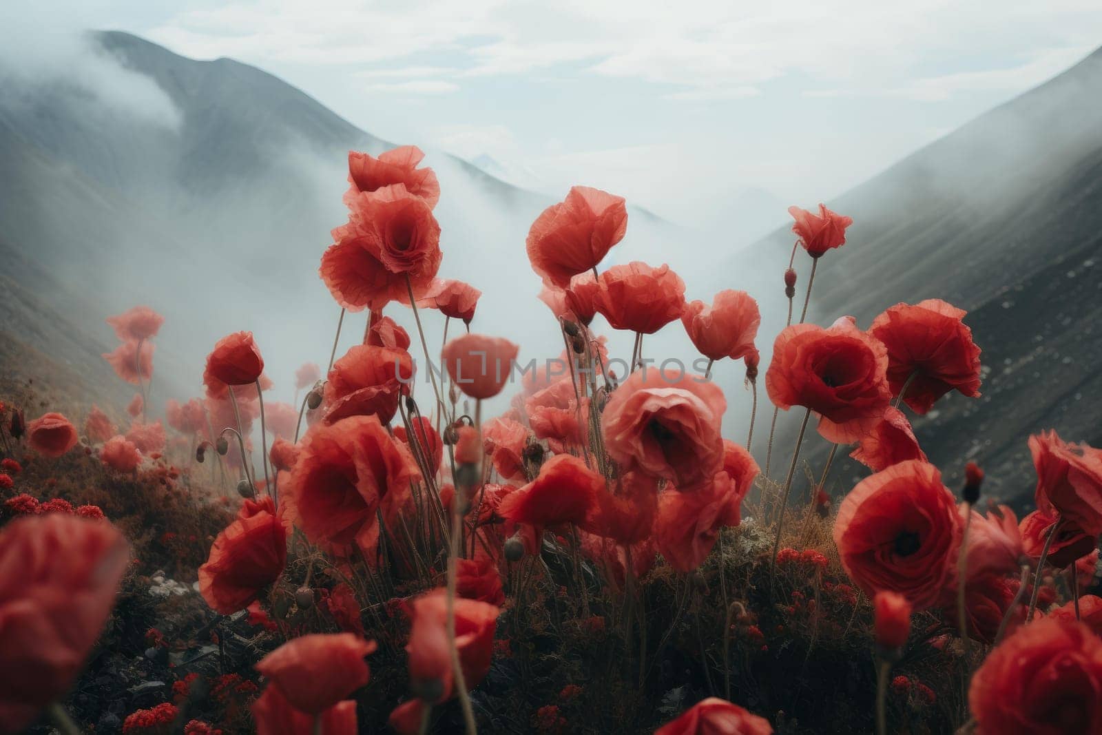 Serene Red flowers mountain view. Generate Ai by ylivdesign
