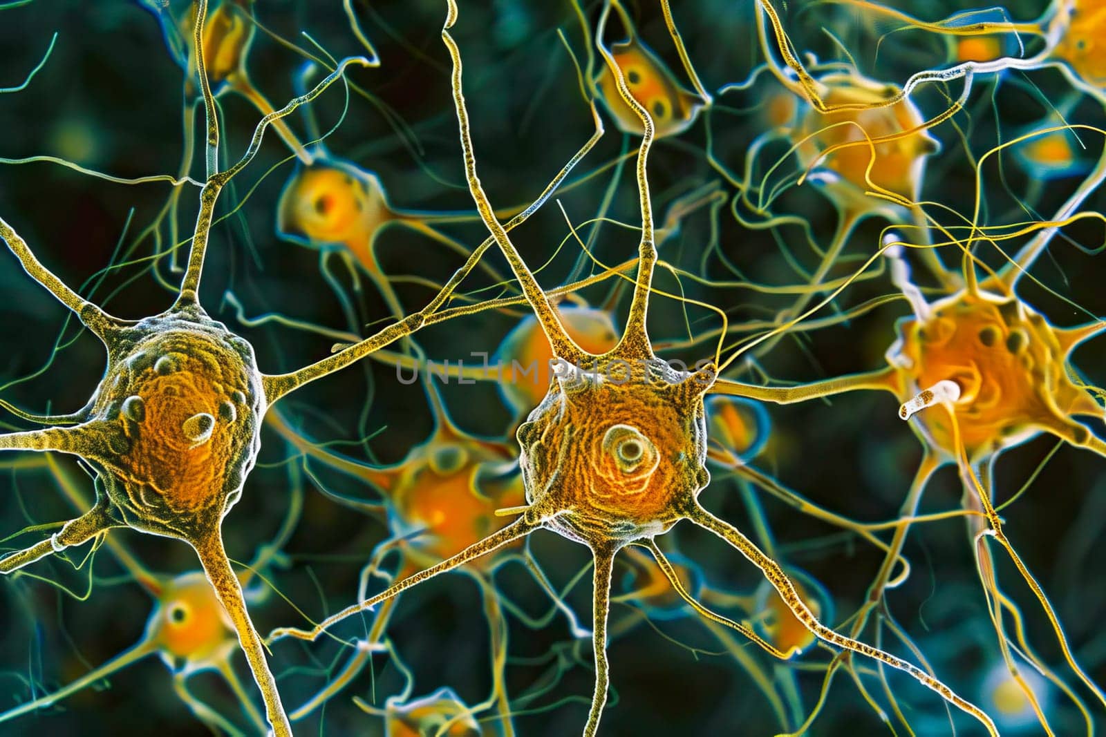 Close-up of a group of yellow neurons firing in the human brain by vladimka
