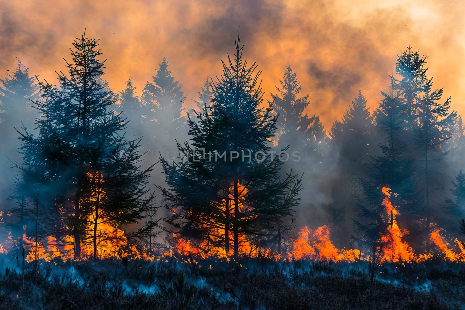 A forest with numerous trees burning intensely, smoke covering the sky.