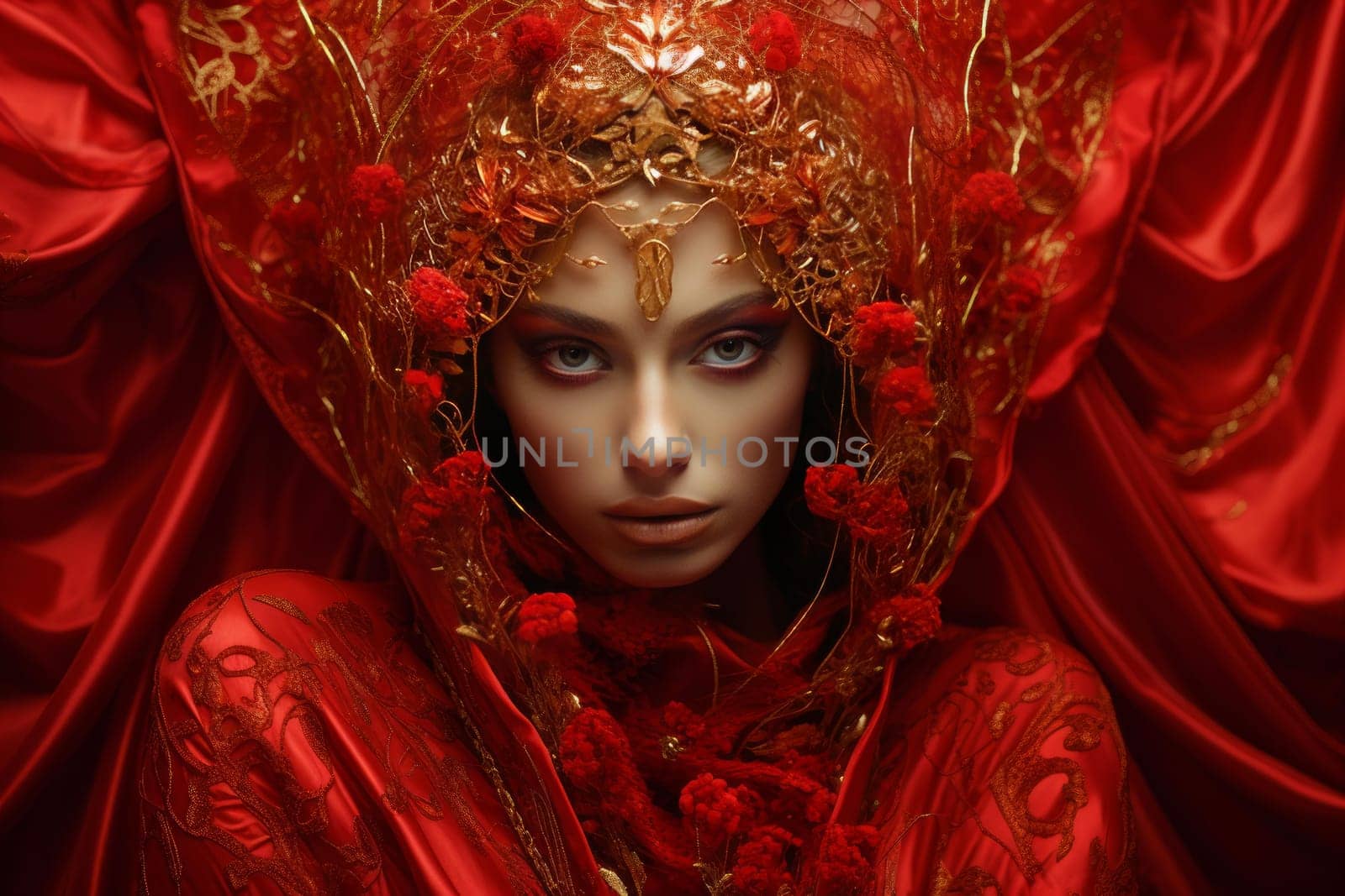 Sophisticated Woman red gold dressed. Girl face silk clothing costume. Generate Ai