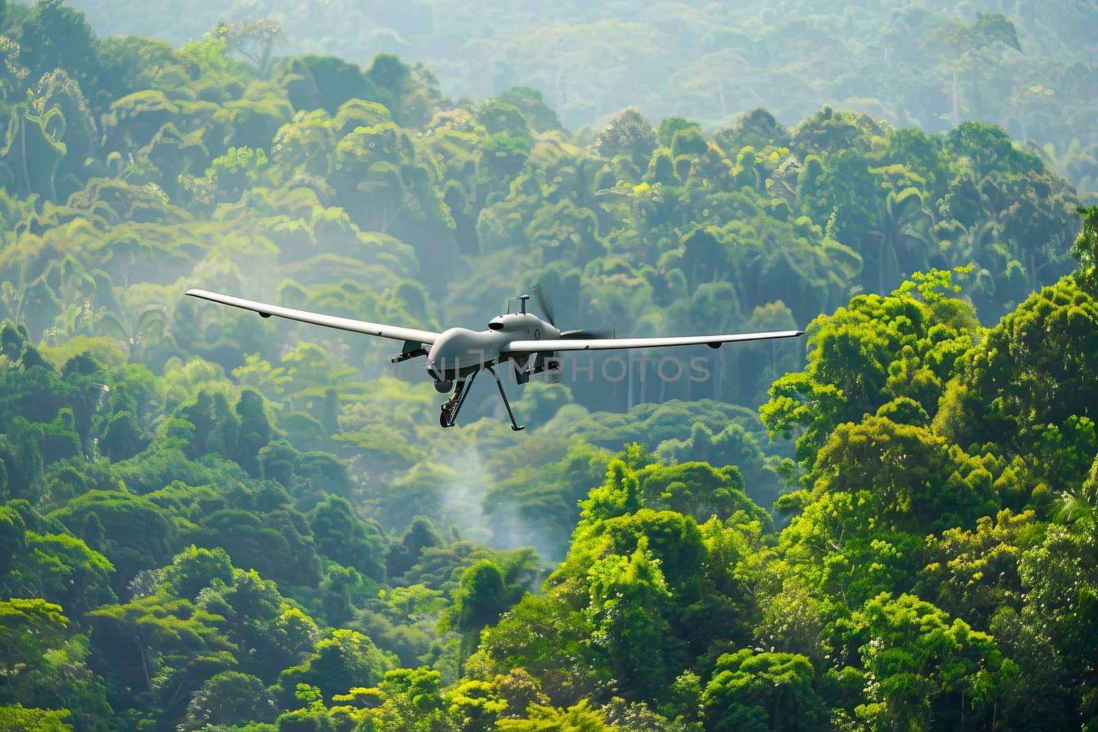 Military airplane flies over a dense green forest. by vladimka