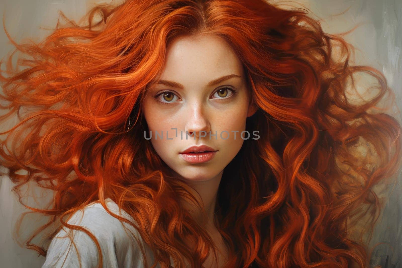 Captivating Red hair woman portrait. White fairy. Generate ai