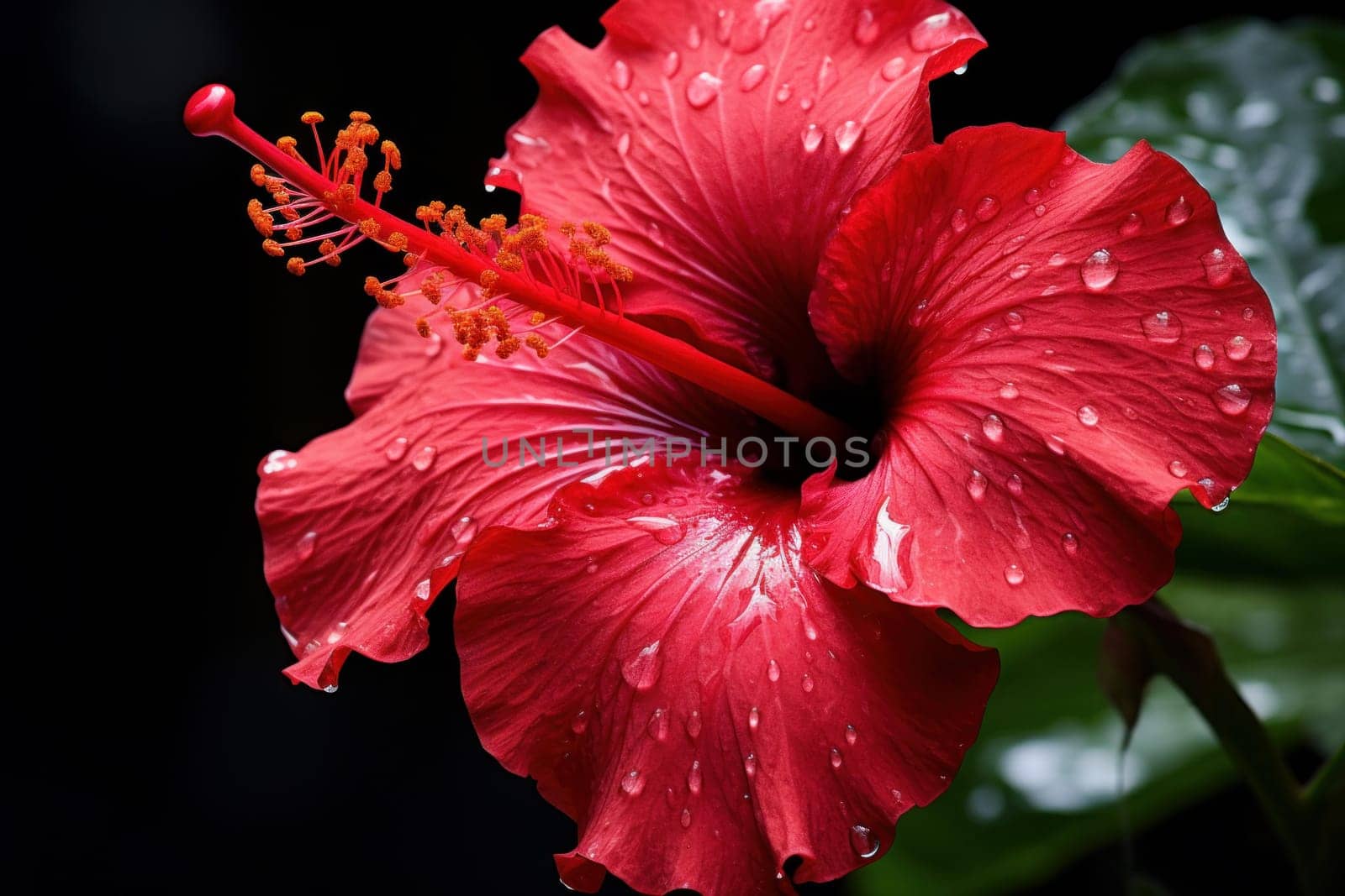 Delicate Red hibiscus flower. Floral color season bud leaves. Generate Ai