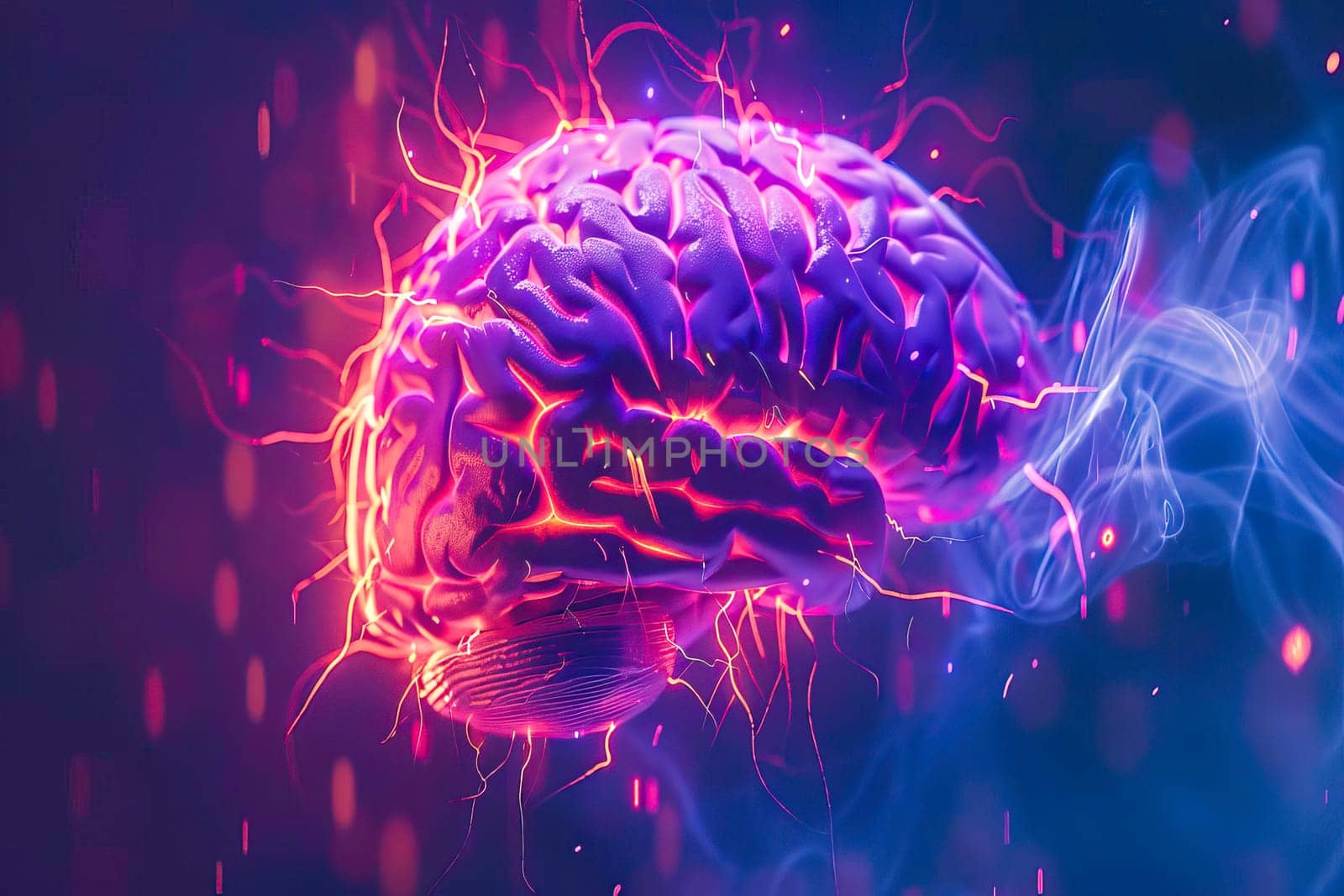 Close-up view of a purple and blue brain with neurons firing.