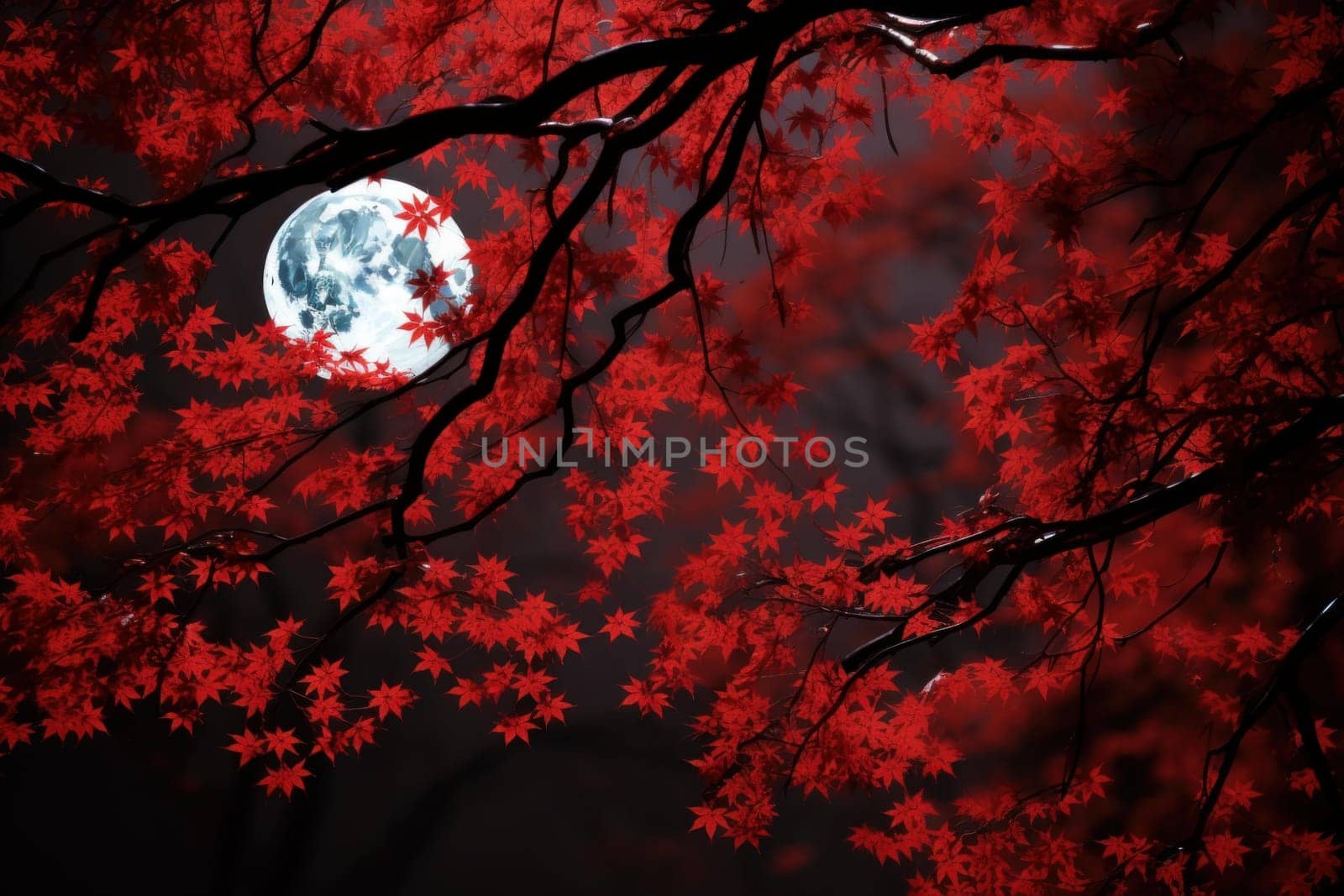 Tranquil Red leaves night moon. Tropical forest. Generate Ai