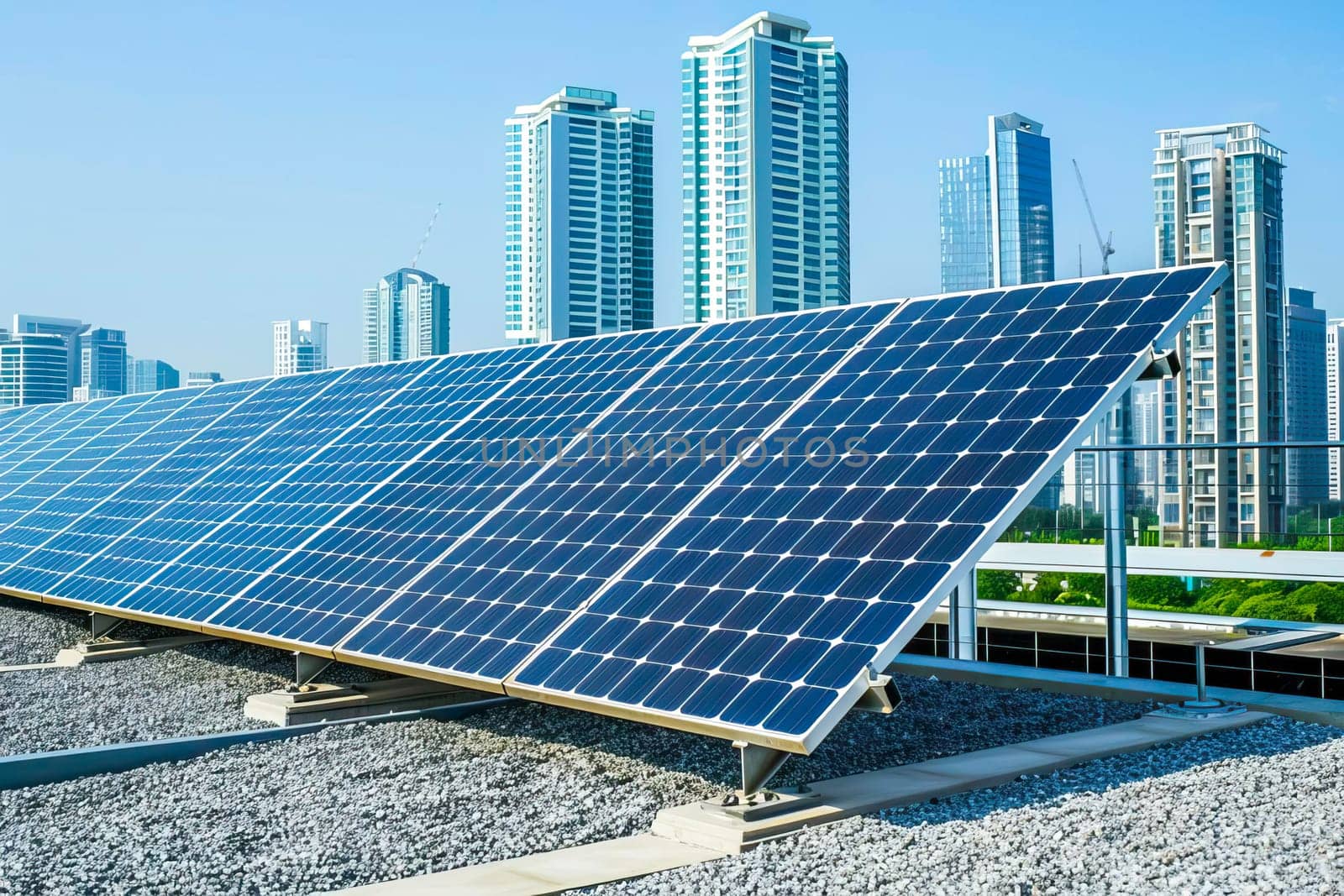 A close-up view of a solar panel on the roof of a modern building in the city.