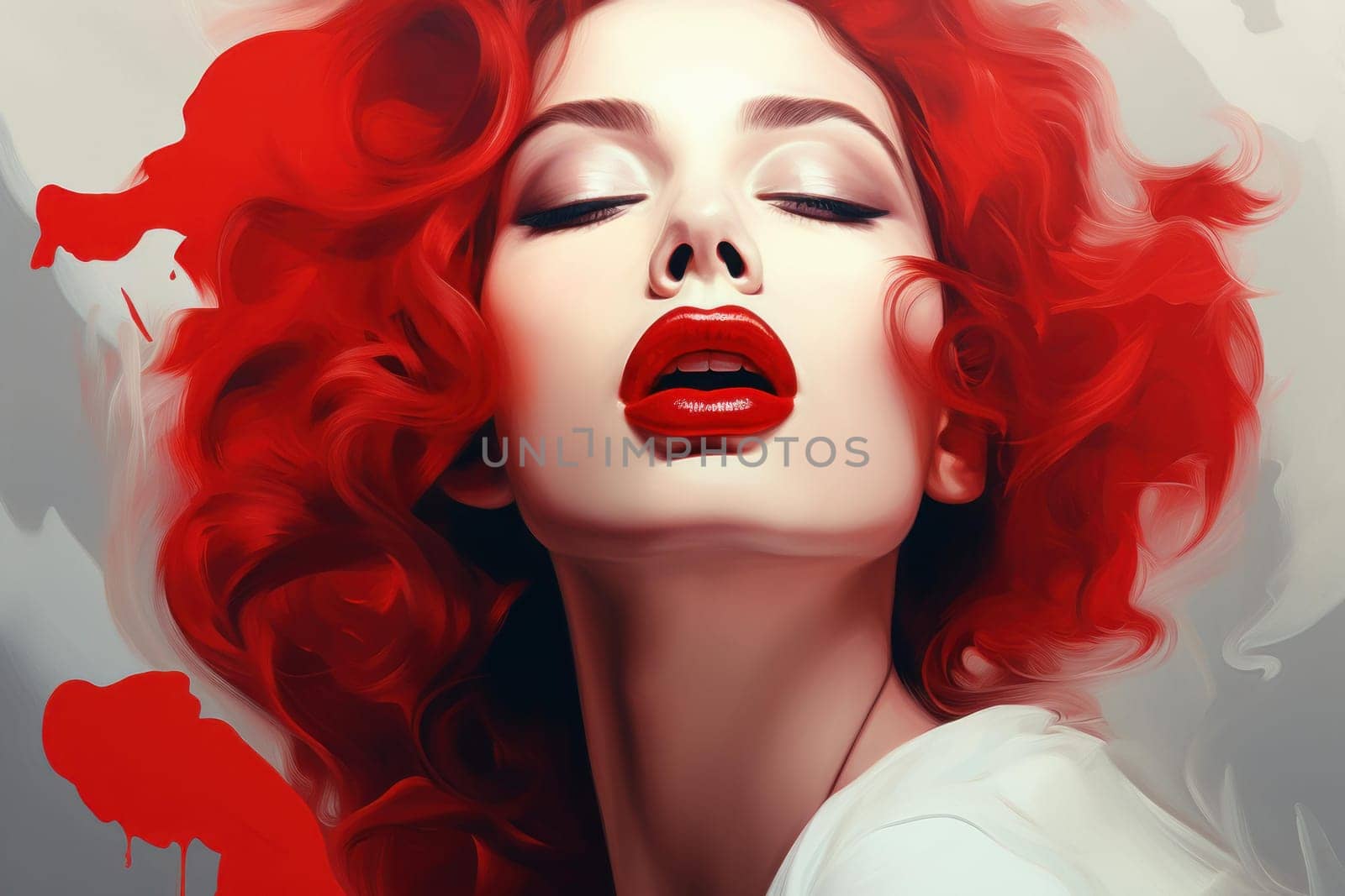 Provocative Red sexy lips art. White woman face. Generate AI