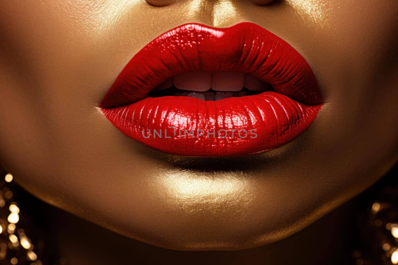 Alluring Red sexy lips golden. Lips sculpture. Generate AI