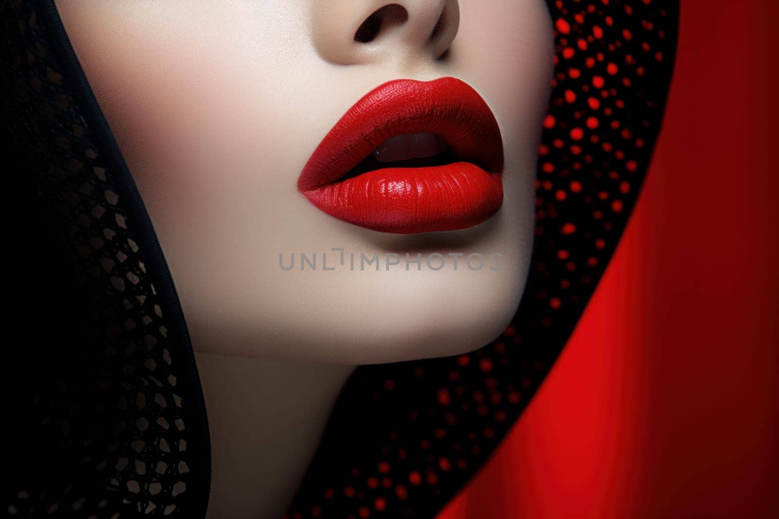 Fashionable Red lipstick model. Shadow smile. Generate Ai